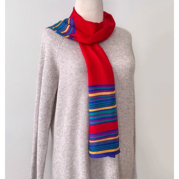 Vintage 100% Silk Shawl Scarf Semi Sheer Striped Red Blue Purple Yellow Green - Picture 5 of 8